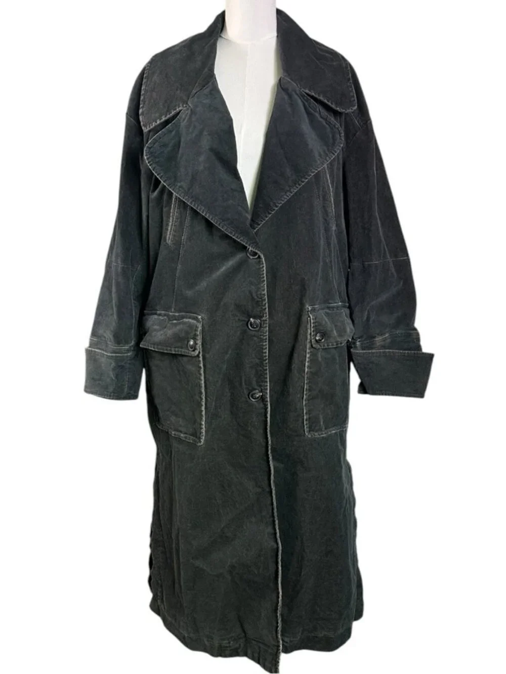 Free People Retro 70s Fox Cord Corduroy Duster Trench Coat Dark Charcoal Large